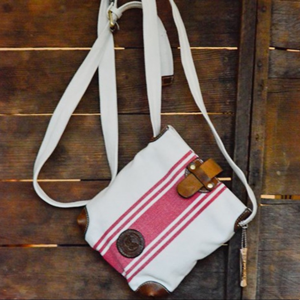 Le Papillon-white/burgundy stripe canvas/leather accent crossbody bag-LAST1! NWT